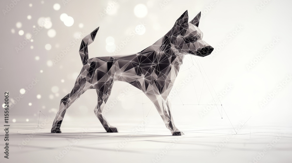 Aufkleber a hologram of a dog. a dog made of polygons, triangles of dots and lines. the dog has a low-poly com