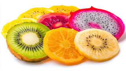 A minimalist arrangement of vibrant tropical fruits, including pineapple slices, dragon fruit