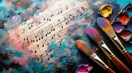 Fototapeta premium Vibrant Abstract Artwork with Musical Notes and Colorful Brushes on Canvas, Showcasing the Harmony of Art and Music in a Creative Workspace