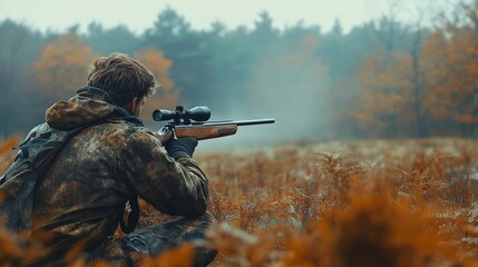 Hunter in orange jacket focusing on distant target in autumn landscape