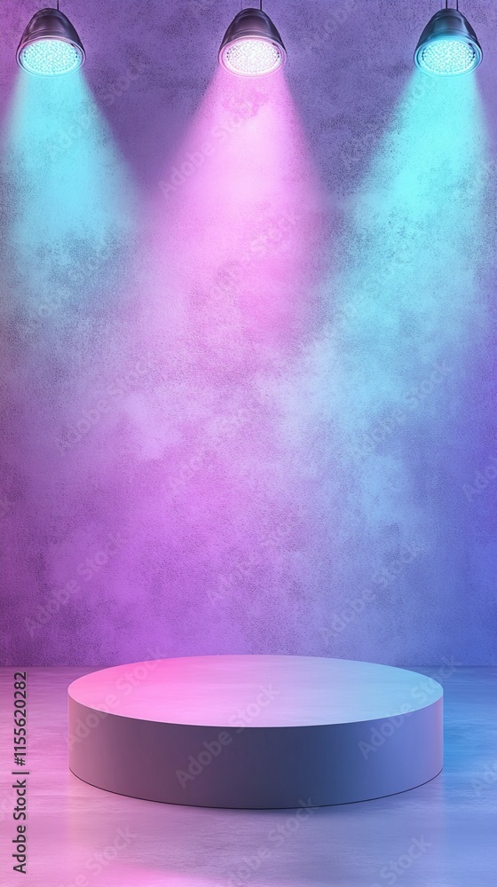 Poster vibrant neon spotlights illuminating circular platform stage with dreamy purple and blue fog atmosph