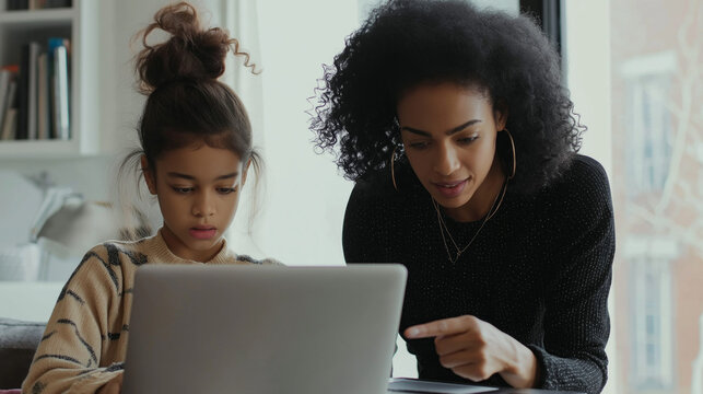 In a bright and welcoming living room, a biracial mother intently points at her laptop, assisting her focused daughter with a task. The warm atmosphere encourages learning and connection
