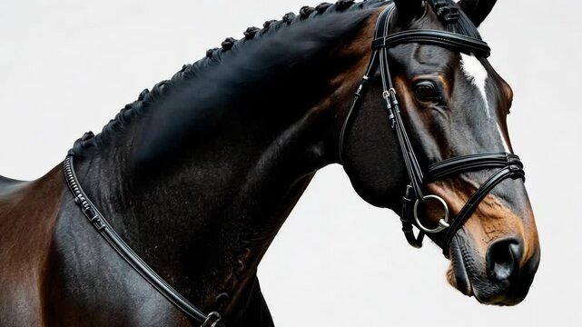 Beautiful bay horse posing in studio with detailed bridle showcasing elegant features and glossy coat