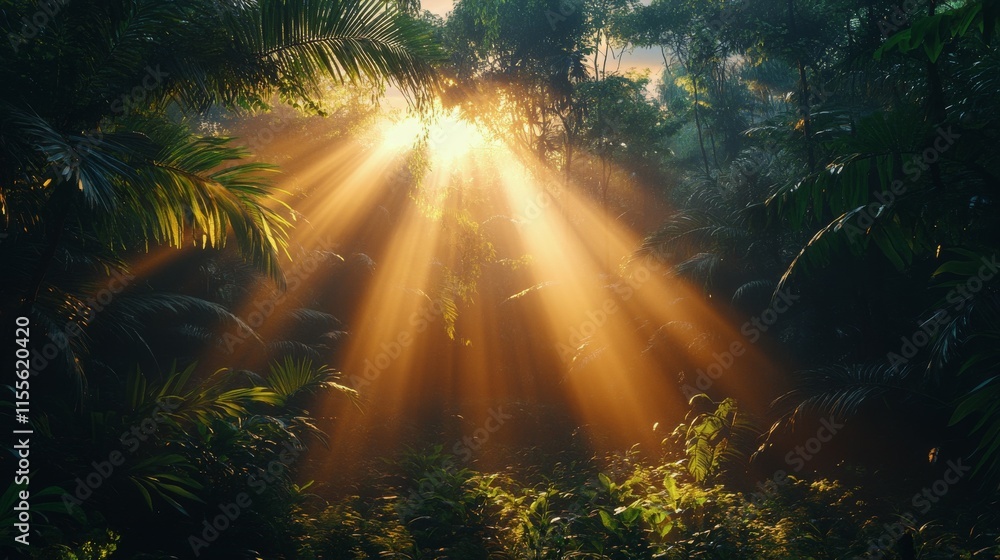 Poster sunlight filters through dense jungle canopy creating a serene atmosphere in a tropical rainforest