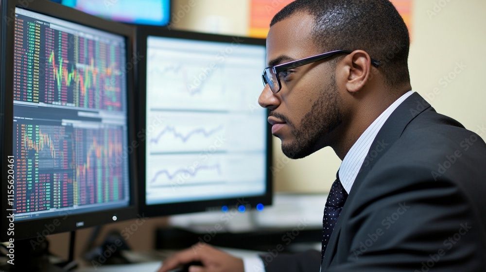 Poster professional stock trader analyzing financial market data on multiple monitors, wearing business sui