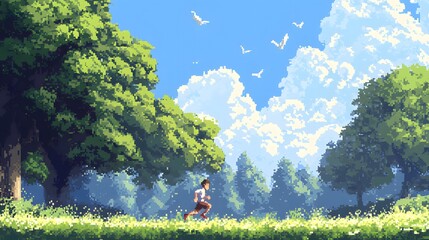 Vibrant Pixel Art Landscape Featuring a Young Person Running Amidst Lush Green Trees and Bright Blue Skies with Fluffy White Clouds and Birds in Flight