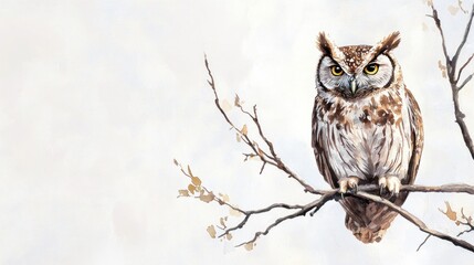 Obraz premium Majestic owl perched on a tree branch against a soft, light background.