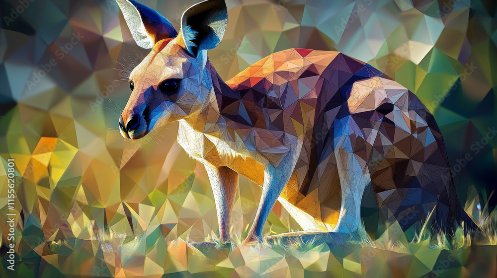 Poster a hologram of a kangaroo. kangaroos made of polygons, triangles of dots and lines. kangaroo low-poly