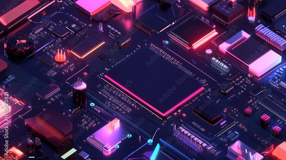 Poster colorful circuit board illuminated with vibrant lights showcasing intricate hardware components in a
