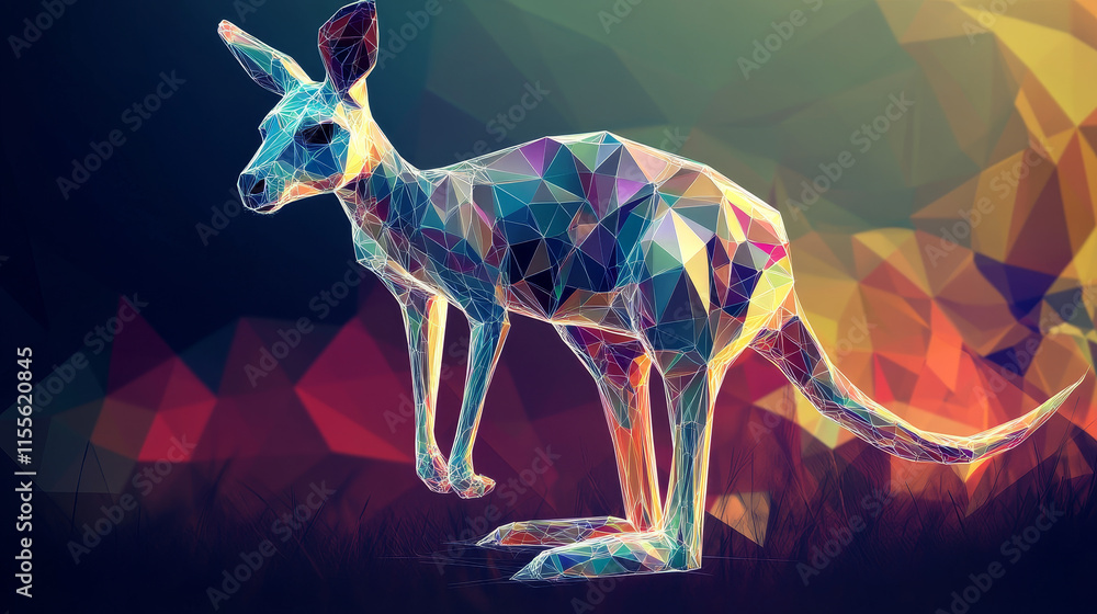 Poster a hologram of a kangaroo. kangaroos made of polygons, triangles of dots and lines. kangaroo low-poly