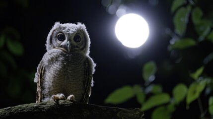 Fluffy owlet perched on branch at night, moonlit scene.