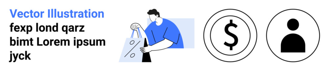 Man holding shopping bags next to currency symbol and user icon. Ideal for retail, e-commerce, shopping, consumer behavior, finance, online payments, customer service marketing. Landing page