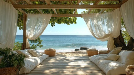 Cozy beach lounge with ambient lighting at sunset near the ocean