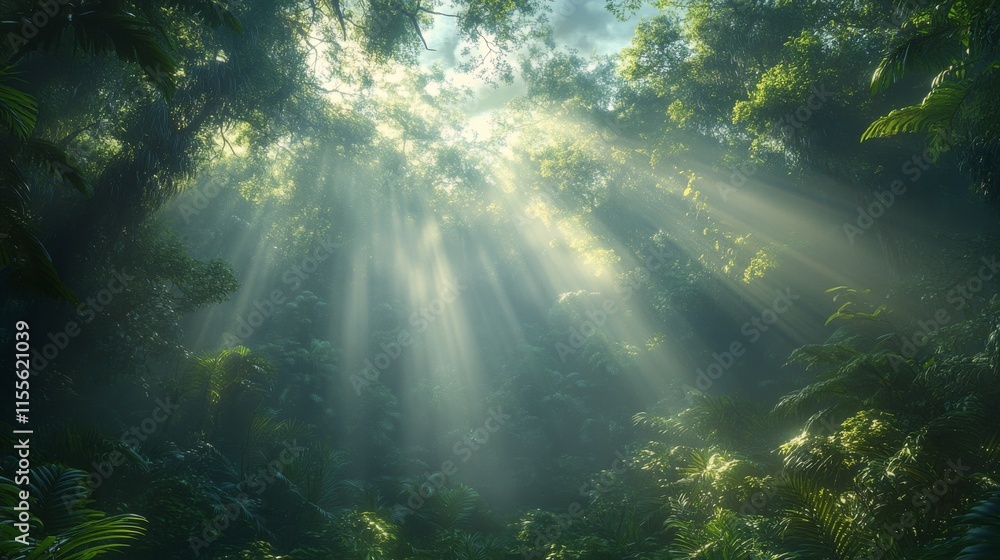 Aufkleber sunlight filters through dense jungle canopy creating a serene atmosphere in a tropical rainforest