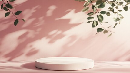 Minimalist round podium with leaf shadows on pink background.