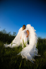 Naklejka premium A blonde with large white angel wings stands in a field of tall grass under a clear blue sky, creating a serene and ethereal scene. Cute angel against a blue sky.