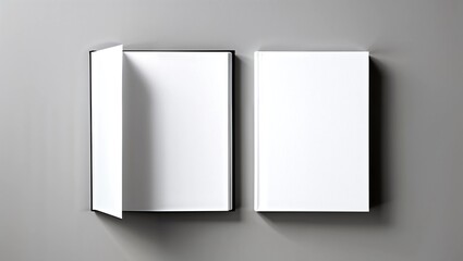 Open and closed blank brochures on grey background, top view. Mock up for design