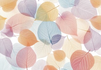Delicate and Colorful Leaves in Soft Pastel Shades Creating a Gentle, Dreamy Background Perfect for Nature and Seasonal Designs