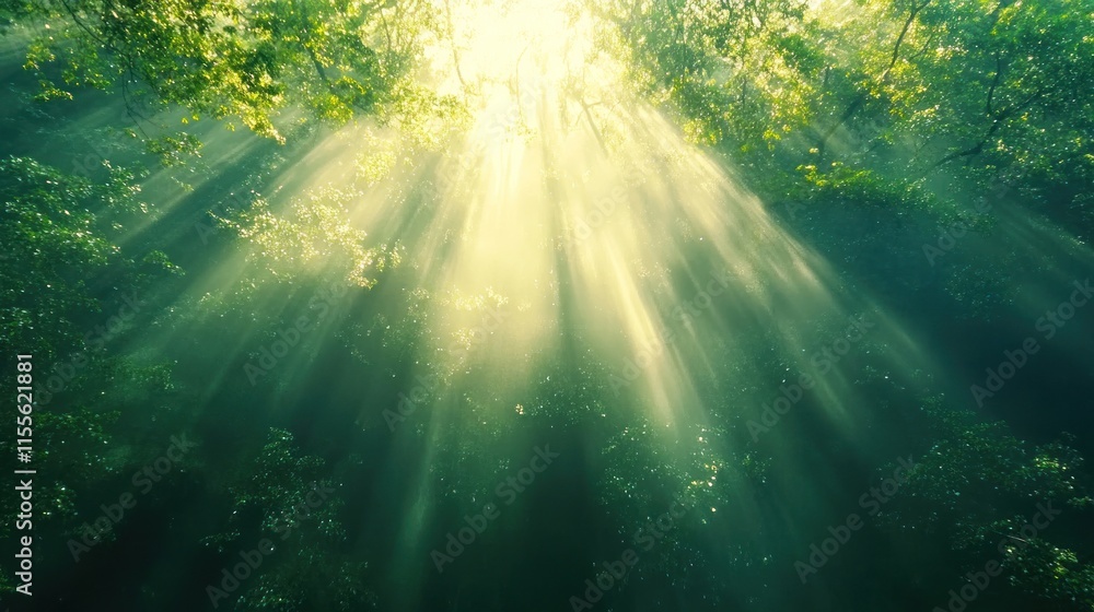 Poster sunbeams filtering through lush forest canopy, creating magical atmosphere.