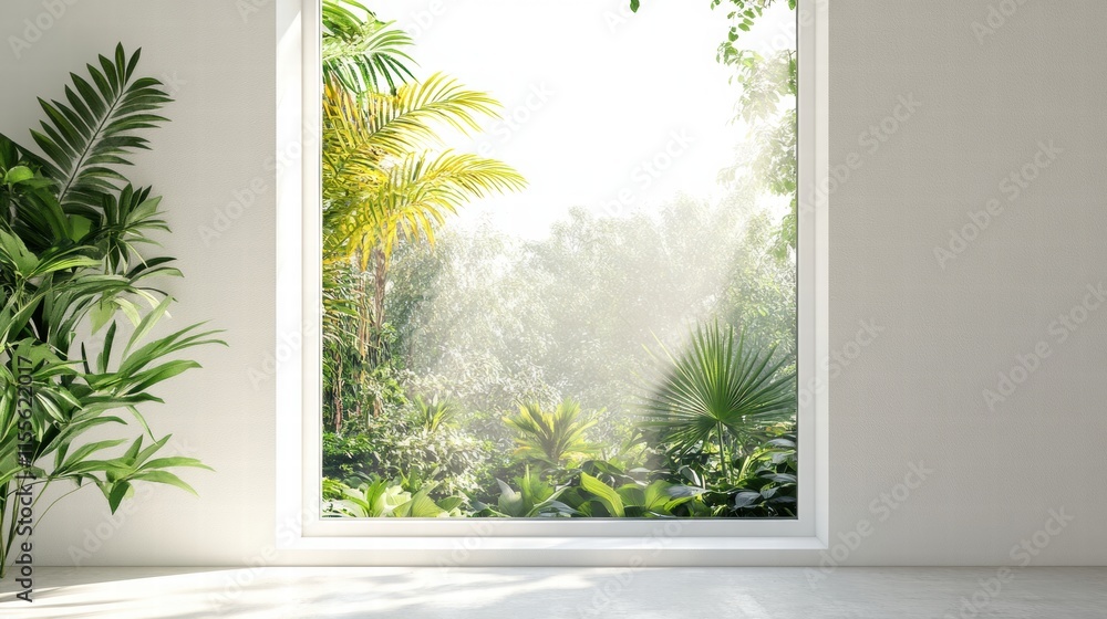 Poster Bright garden visible through a large window with lush greenery and sunlight filtering in during daytime hours. Generative AI
