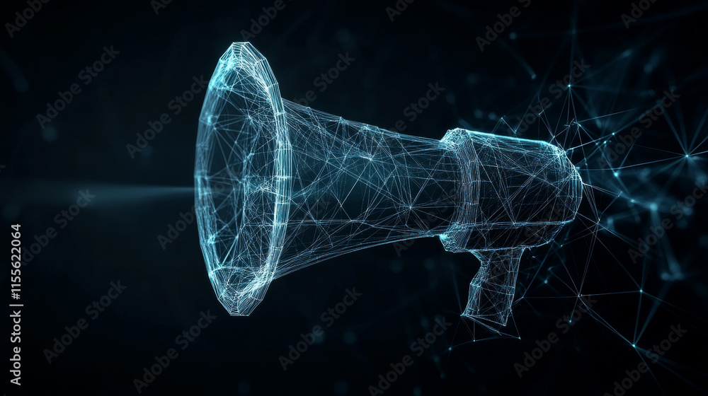 Poster megaphone hologram. megaphone of polygons, triangles of points and lines. the loudspeaker is a low-p