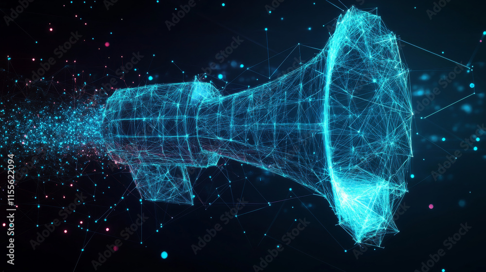 Aufkleber megaphone hologram. megaphone of polygons, triangles of points and lines. the loudspeaker is a low-p