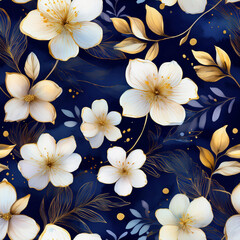 Seamless pattern with white and golden watercolor flowers on a navy blue background