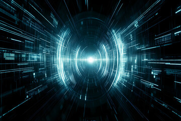 Abstract digital tunnel, glowing lines, data streams, futuristic technology, cyberspace concept.  Perfect for tech, AI, and virtual reality projects.