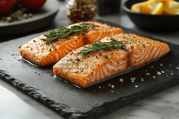 Two pieces of salmon with herbs on top