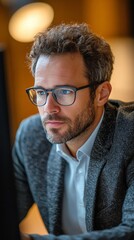 Obraz premium Focused young man wearing glasses working on a computer in a contemporary office environment