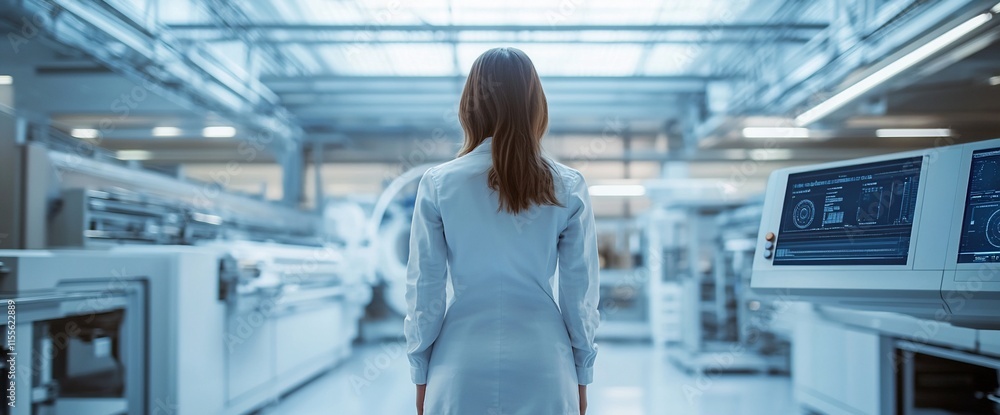 Poster a scientist in a lab coat observes advanced machinery in a modern laboratory.