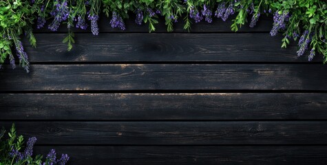 Dark wood background decorated with lavender sprigs.