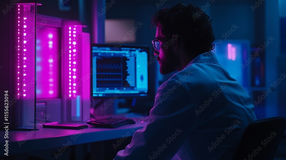 Poster a scientist analyzes data in a dimly lit lab with vibrant lighting.