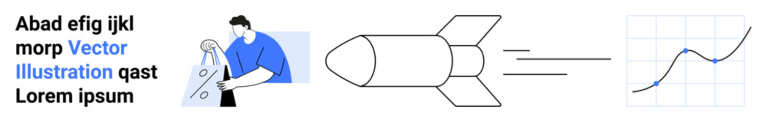 Team member sketching blueprints beside a launching rocket and a growth chart symbolizing success and innovation. Ideal for teamwork, planning, innovation, growth, progress, goals achievement