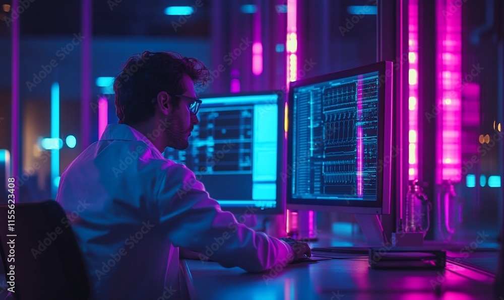 Aufkleber a scientist working on computer screens in a modern lab with neon lighting.