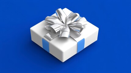 White gift box with silver bow and blue ribbon on blue background.