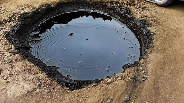 A pool of thick, black tar forms in a deserted region, surrounded by dry earth. Bubbles rise to the surface as the tar reflects the sky above, showcasing a unique natural phenomenon