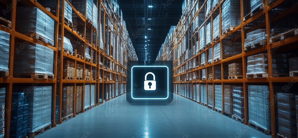 Poster a secure warehouse environment with stacked pallets and a lock symbol.