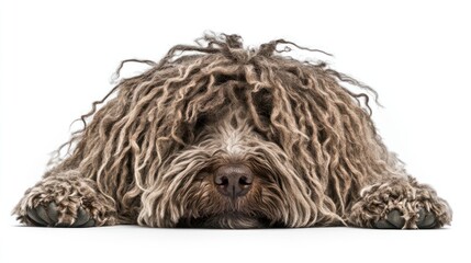 Fluffy brown dog lying down, isolated on white background.