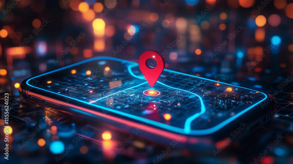 Poster hologram of geolocation. phone in isometric view. hologram geo points in isometric. phone geolocatio