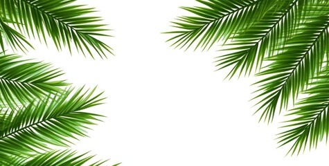 Lush green palm fronds frame a white background.