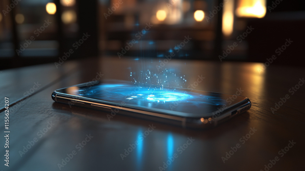 Poster hologram message. phone in isometric view. a hologram message in the isometric. banner message phone