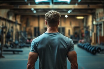 Fototapeta premium Muscular man standing confidently in gym showcasing strength and dedication during workout session