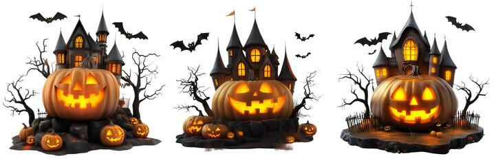 Set of A cozy front porch decorated for Halloween with an array of carved pumpkins on transparent png background