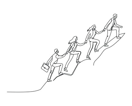 Four people climbing a slope, holding hands to help each other ascend. teamwork, mutual support in achieving a common goal. A continuous line drawing of business and finance theme illustration
