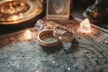 Wedding rings on vintage map with illuminated crystals and compass