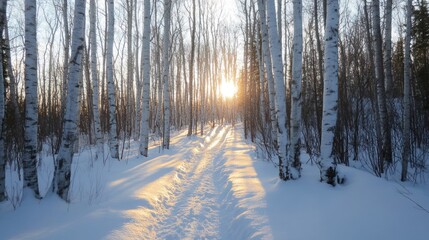 Naklejka premium Sunset illuminating a snowy path through a birch forest.