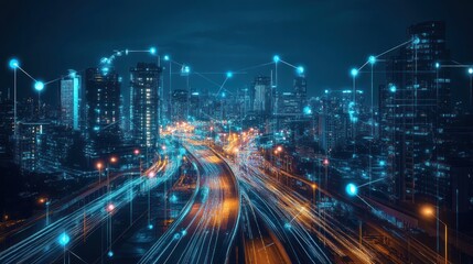 Fototapeta premium Smart City Network: Futuristic Urban Connectivity at Night