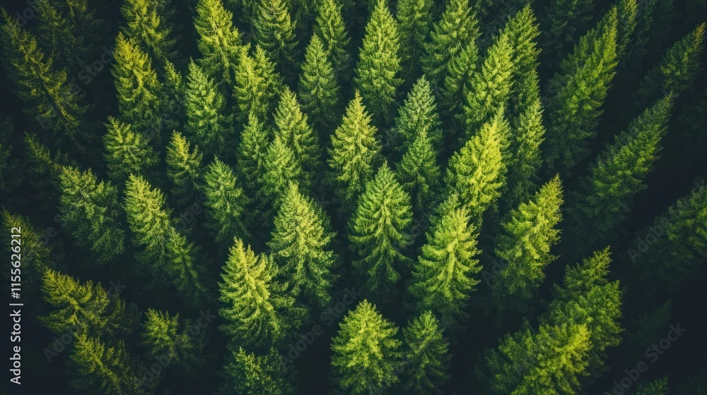 Poster aerial view of a dense evergreen forest, showing a pattern of numerous lush green trees.