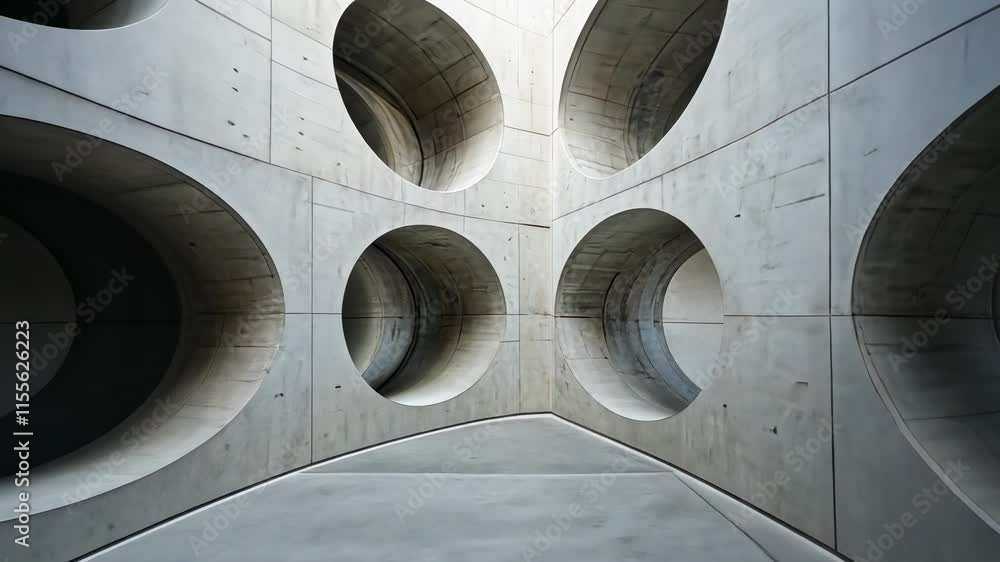Poster unique architectural design featuring circular openings in a modern concrete environment
